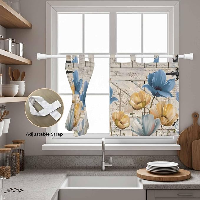 Blue Yellow Tulips Kitchen Curtains 36 Inch Length, Small Window Curtains Tab - Image 5