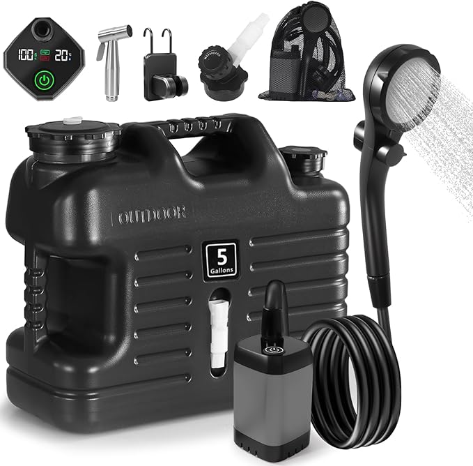Portable Camping Shower with 5 Gallon Water Jug, 6000mAh Rechargeable Outdoor Camping Shower Kit, IPX7 Waterproof Pump BPA Free Water Containers Camp Essentials
