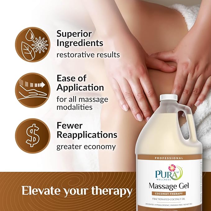 Coconut Therapy Massage Gel, Pura Wellness Massage Gel, Professional Deep Tissue Therapy, Coconut, Unscented, Recovery, 128oz