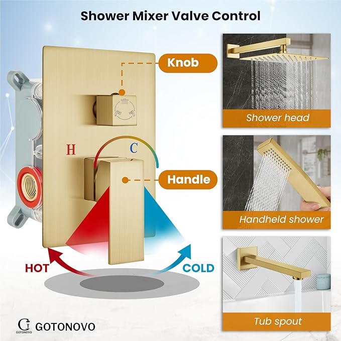 gotonovo Shower System with Tub Spout Wall Mounted Rain Shower Head and Handle Combo Shower Faucet Set with Valve, 10 Inch, Brushed Gold