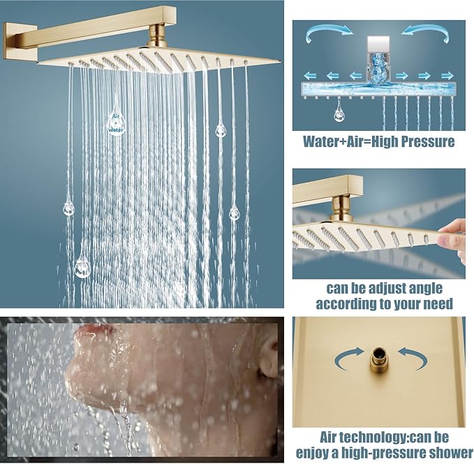 Aolemi Shower Faucet Set Rain Shower System with Handheld Spray Bathroom Shower Combo Rough-in Valve and Shower Trim Kit Included Brushed Gold 10 Inch Wall Mount Shower Head