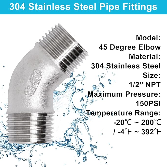 45 Degree Elbow 2PCS, 1/2" NPT Male X 1/2" NPT Male 304 Stainless Steel Pipe - Image 4