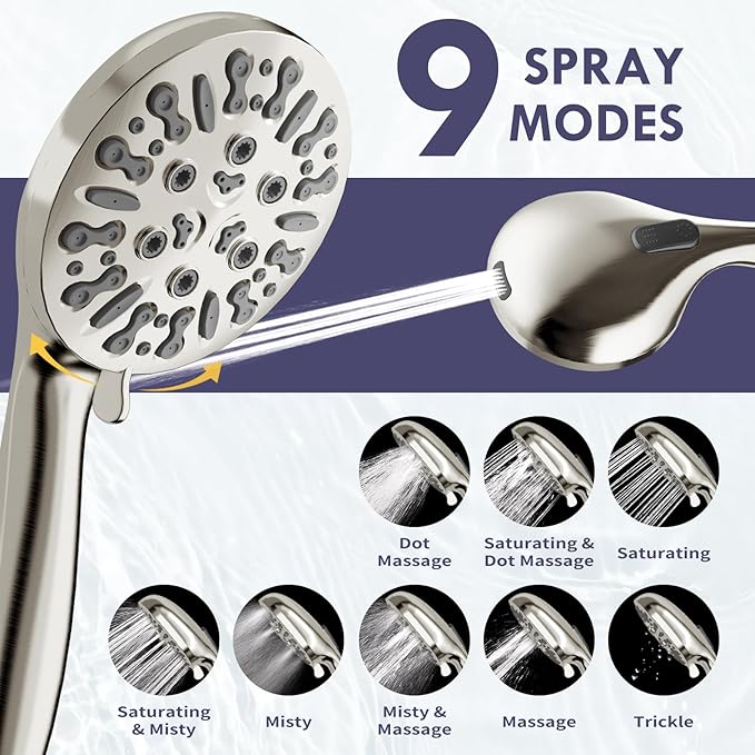 HOWUWEY Dual Shower Heads with Handheld Spray Combo, 7.5" High Pressure Rainfall Showerhead, Double Shower Heads with Handheld Spray, 9 Modes Hand Showerhead with 79" Hose (Standard, Brushed Nickel)