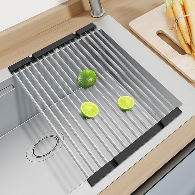 GAViA Roll Up Dish Drying Rack Over The Sink Drying Rack Stainless Steel Sink Drying Rack Kitchen Dishes Drying Mat Foldable Dish Drainer Rack Kitchen Sink Organizer Accessories
