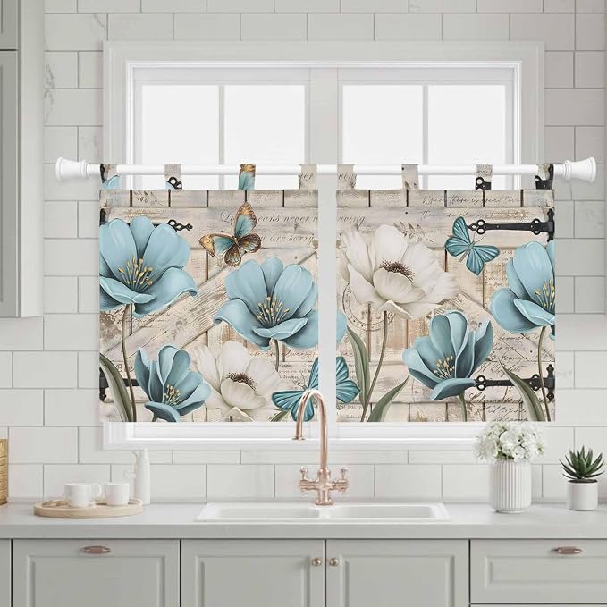 Teal Blue Tulips Kitchen Curtains 24 Inch Length, Small Window Curtains Tab Top - Image 3