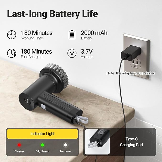 Electric Spin Scrubber, 2000 mAh Cordless Power Scrubber with 4 Replaceable Heads, 2 Speeds Portable Scrubber for Cleaning Sink/Stove/Corner/Tile/Grout/Bowl (Black)