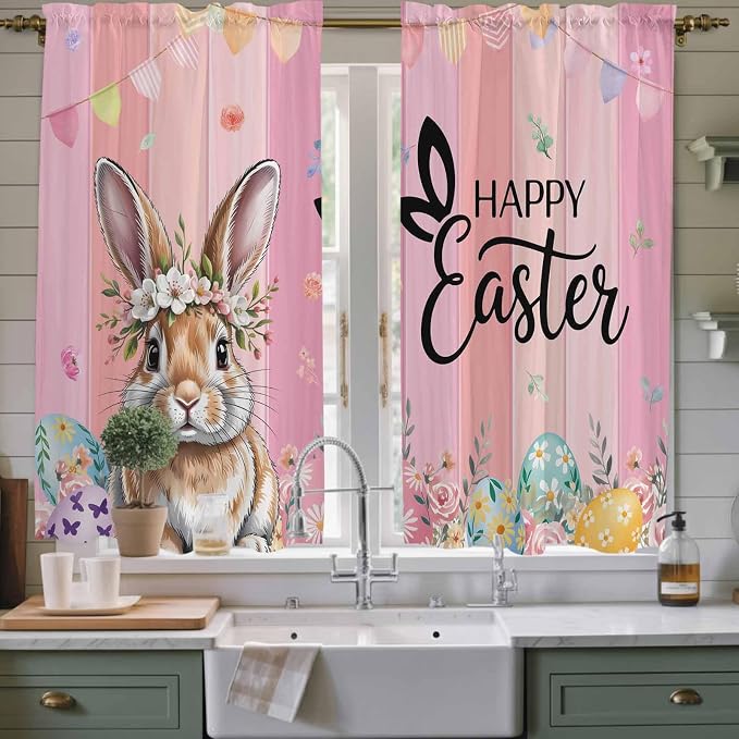 Easter Kitchen Curtains, Spring Rabbit Eggs Flowers Flags Leaves Wood Grain - Image 2