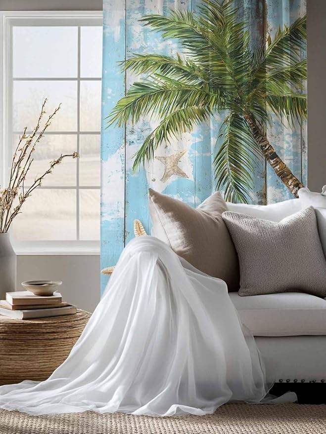 Sheer Curtains 63 Inch Length, Coastal Beach Blue Semi Sheer Curtains Light - Image 4