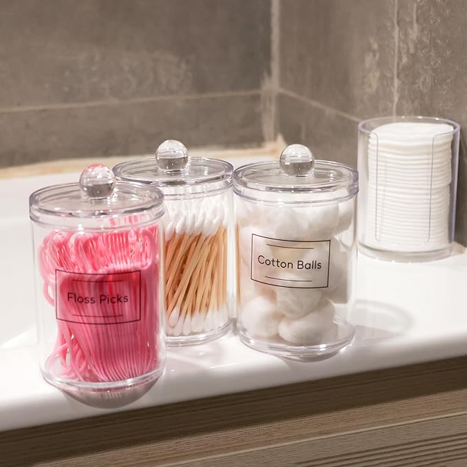 2 Pack Acrylic Qtip Holder Dispenser,Bathroom Canisters Apothecary Jar Set, Vanity Makeup Storage Organizer Set,10 oz