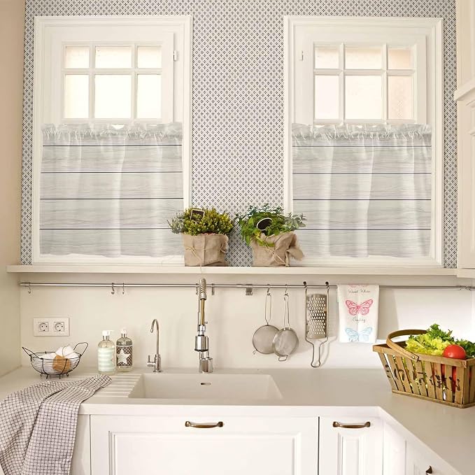 Vintage Country Wooden Board Window Valance Curtains, Gradient Wood Grain Line - Image 3