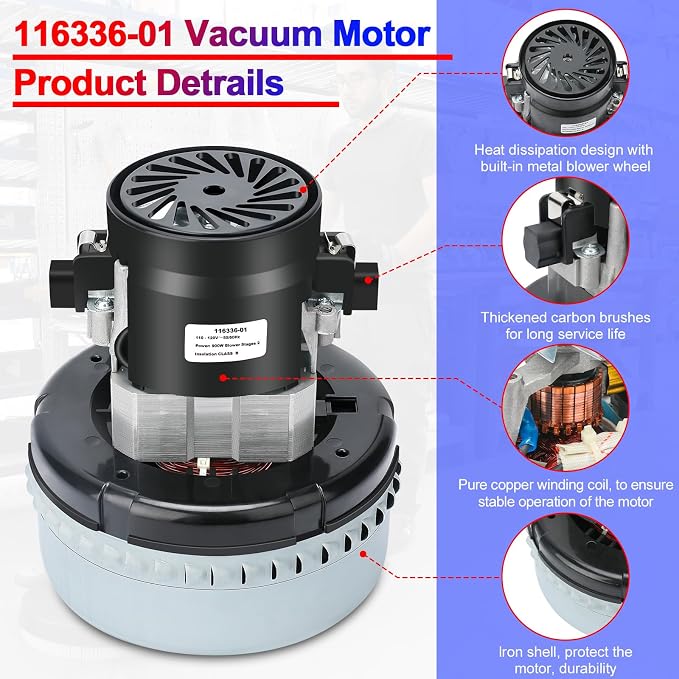 116336-01, 116336-00 120V Vacuum Motor, 2 Stage, High Efficiency, Strong Suction - Image 3