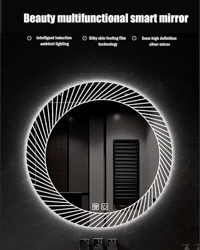 31.5 Inch LED Round Bathroom Mirror, Wall Mounted Multifunction Bathroom Vanity - Image 3