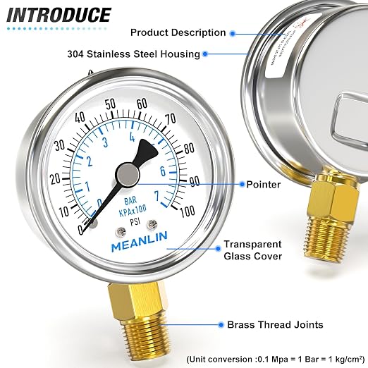 MEANLIN MEASURE 0~100Psi Dry Pressure Gauge Stainless Steel 1/4" NPT 2" FACE - Image 4