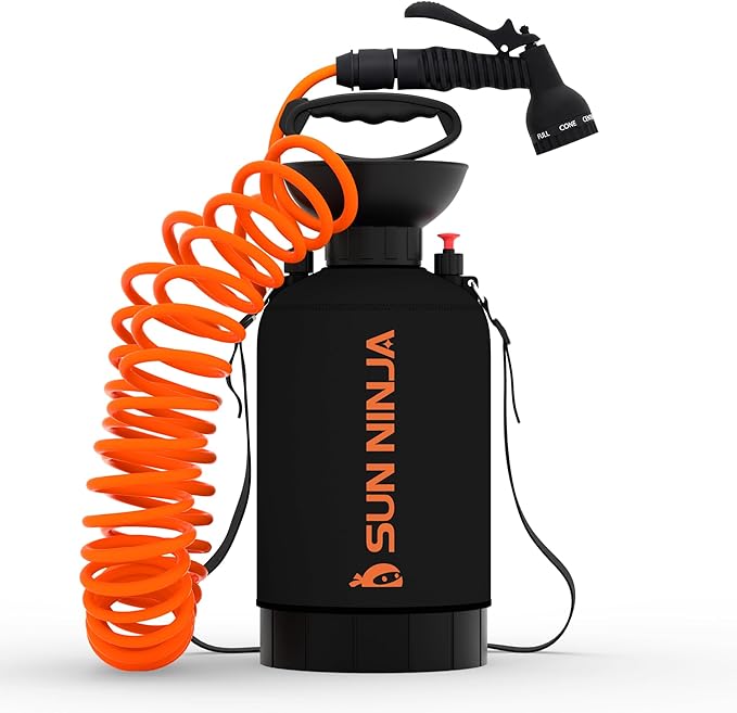 SUN NINJA Portable Shower Bundle with Trucker Hat, 5L Pressurized Outdoor Shower with 7-Mode Spray, Neoprene Cover for Warmer Water, Breathable Mesh Sun Protection, Easy to Carry