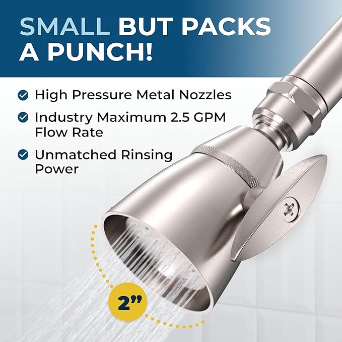 HammerHead Showers® Solid Metal 2 Inch High Pressure Shower Heads - BRUSHED NICKEL – 2.5 GPM Shower Heads High Pressure - High Flow Shower Head with ADJUSTABLE SPRAY PATTERN - Fixed Shower Head