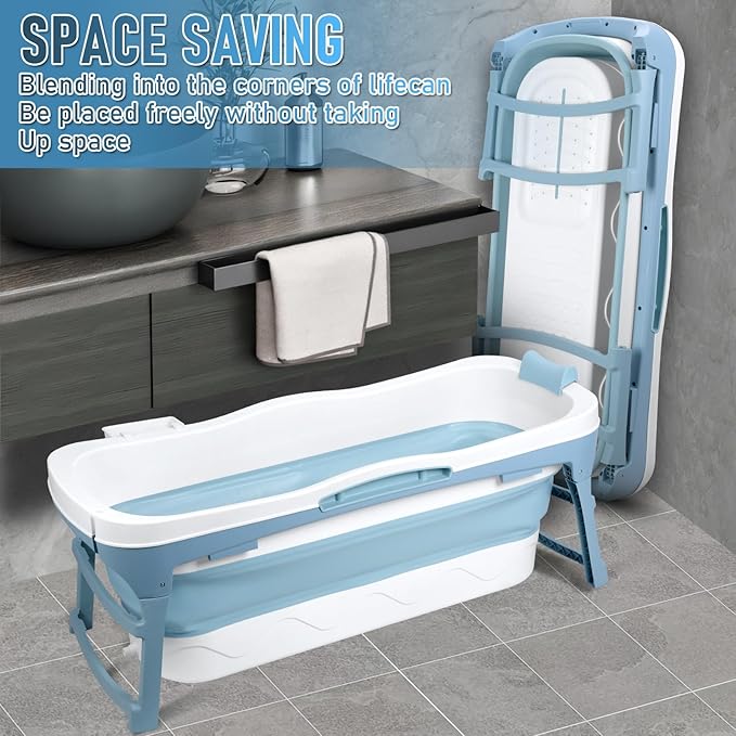 Portable Bathtub Portable Tub for Adults, 56" Foldable Bathtub for Adults Free Standing Tub for Shower, Ice Bath, Sitz Bath, Freestanding Bathtubs with Neck Pillow Blue