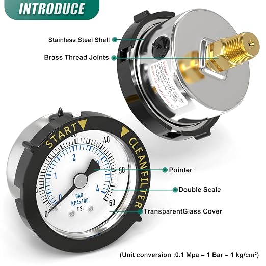 0-60PSI Stainless Steel Pool Filter Pressure Gauge, 1/4" NPT Back Mount - Image 4