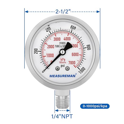 MEASUREMAN Pressure Gauge, 0-1000 PSI/kPa, Glycerin Filled, 1/4 NPT Lower Mount - Image 6