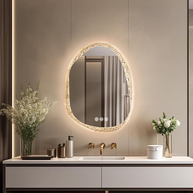 LUVODI Lighted LED Bathroom Mirror: 32”x24”Irregular Stone Pattern Frosted Wall - Image 3