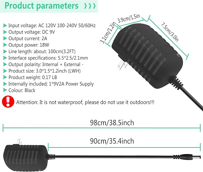 AC 9 Volt DC Adapter 9V 2A Power Supply Adapter 100-240V AC/DC Converter 9V - Image 2