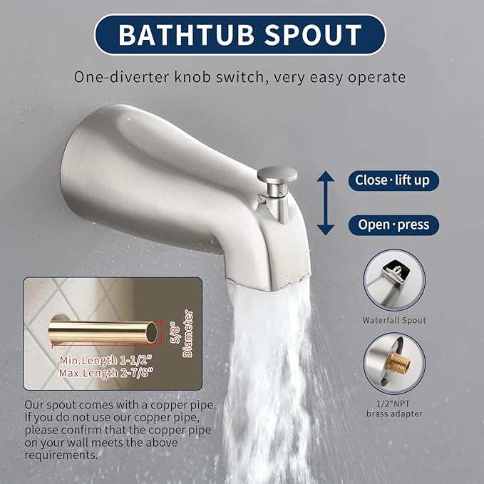 2 Handles Shower Faucet Set with Tub Spout Bathtub Shower Faucet Combo Set Shower System Complete Tub and Shower Trim Kit Brushed Nickel Wall Mounted Shower Fixtures