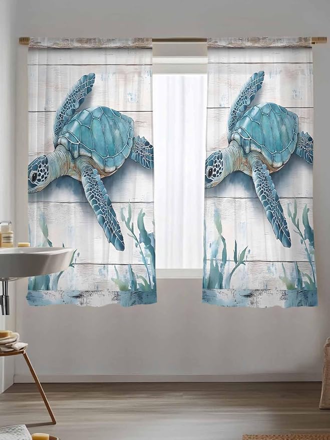 Sheer Curtains 72 Inches Long, Teal Green Sea Turtle Semi Sheer Curtains Light - Image 5
