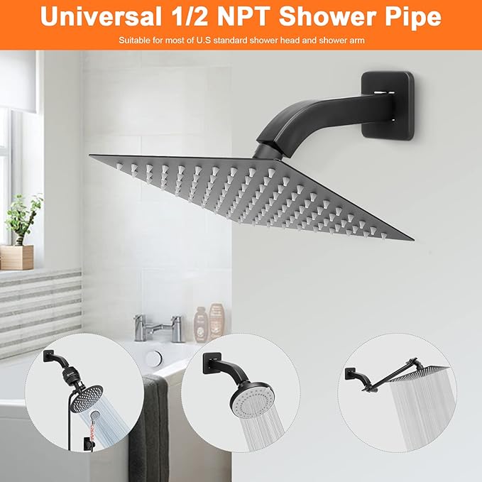 HarJue Shower Arm with Flange and Teflon Tape, Wall Mounted Square Shower Pipe 304 Stainless Steel Extension Arm for Fixed Shower Head & Handheld Shower (6 Inch, Matte Black)