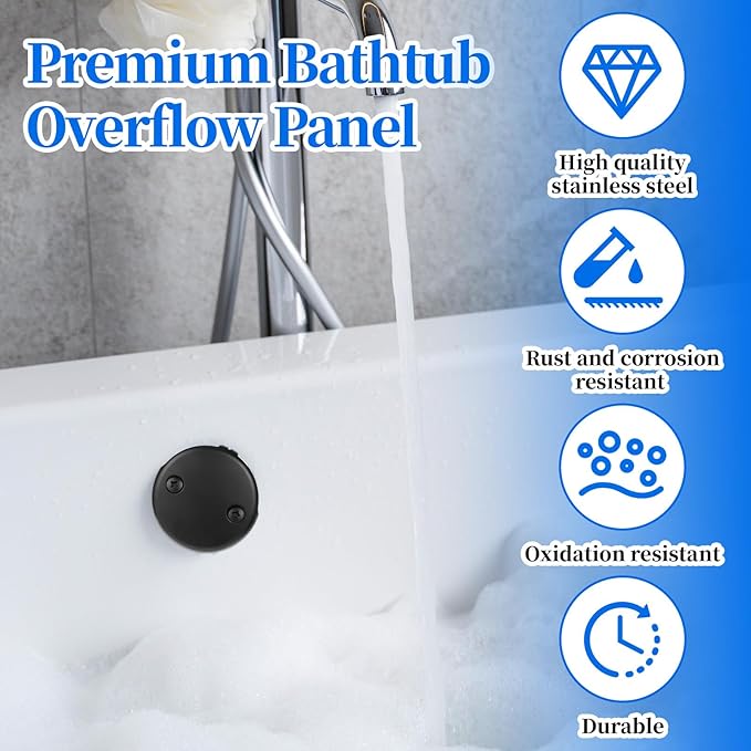 Black Tub Overflow Cover, 3-1/8" Universal Two-Hole Tub Bathtub Drain Cover Two Hole Bathtub Overflow Drain Covers Plate with Two Matching Screws Stainless Steel 2 Hole Bathtubs Covers Faceplate