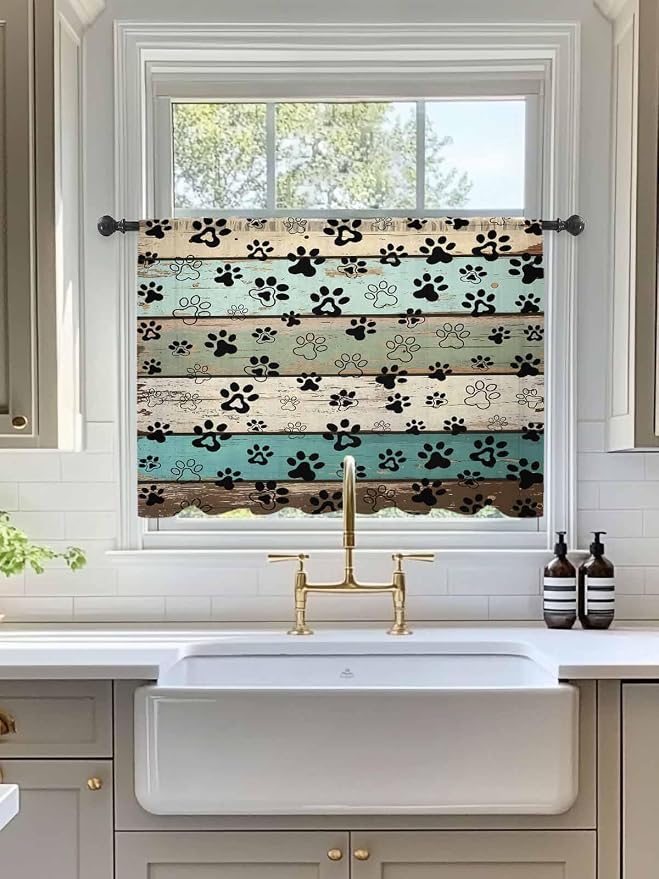 Sheer Curtains 45 Inch Length, Sage Green Brown Paw Prints Semi Sheer Curtains - Image 3