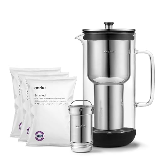 Aarke Purifier Regular 1.18L Glass Pitcher Bundle w/Steel Filter, 3 Enriched + by aarke