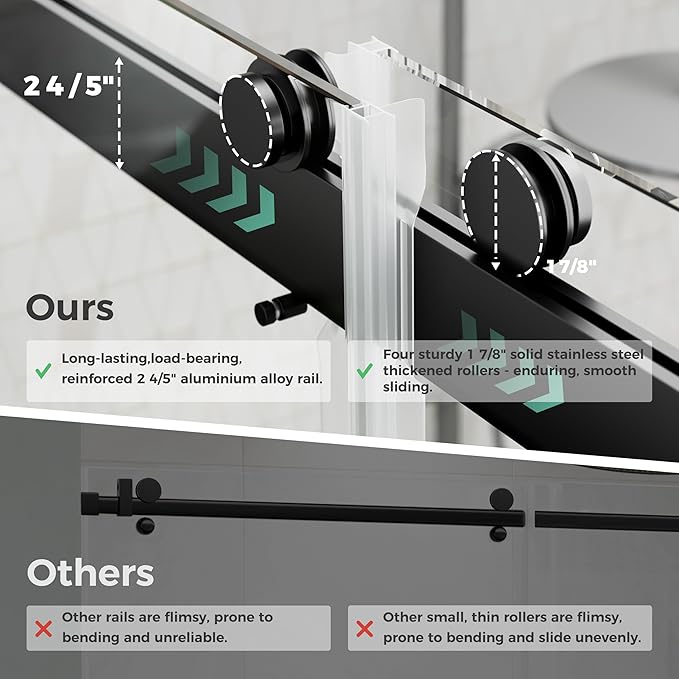 DELAVIN 56"-60"W x 75"H Frameless Shower Door, Double Sliding Shower Door, 5/16"(8mm) Clear Tempered Glass, Noiseless Shatterproof Shower Door with Square Rail, Stainless Steel, Aluminum, Matte Black