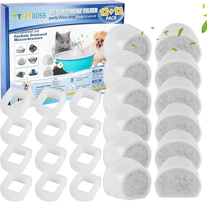 12+12 Pack Cat Water Fountain Filter, Pre-Sponge & Replacement Carbon Filters by MyfatBOSS