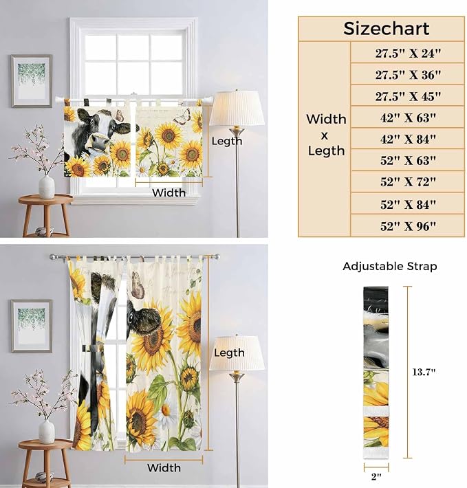 Yellow Sunflowers Kitchen Curtains 24 Inch Length, Small Window Curtains Tab Top - Image 8