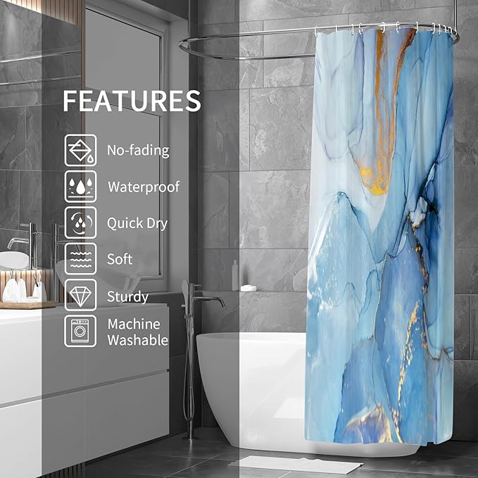 Gibelle Abstract Marble Shower Curtain, Blue Ombre Jade Texture Gold Stripes Ombre Watercolor Paint, Modern Ink Art Decor Waterproof Fabric Curtain for Bathroom Set, 71x71