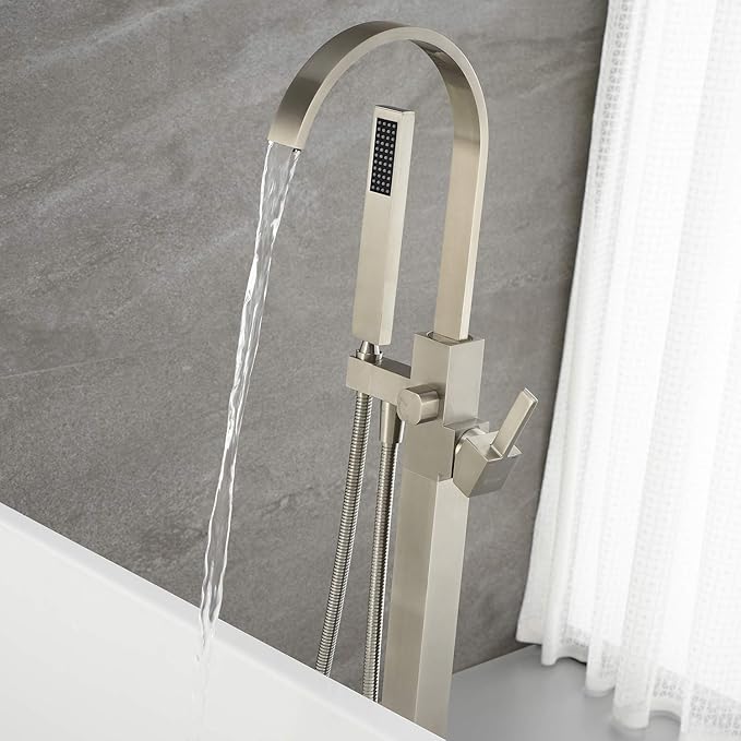 Freestanding Bathtub Faucet Tub Filler Brushed Nickel Waterfall Floor Mount Faucets Single Handle with Hand Shower