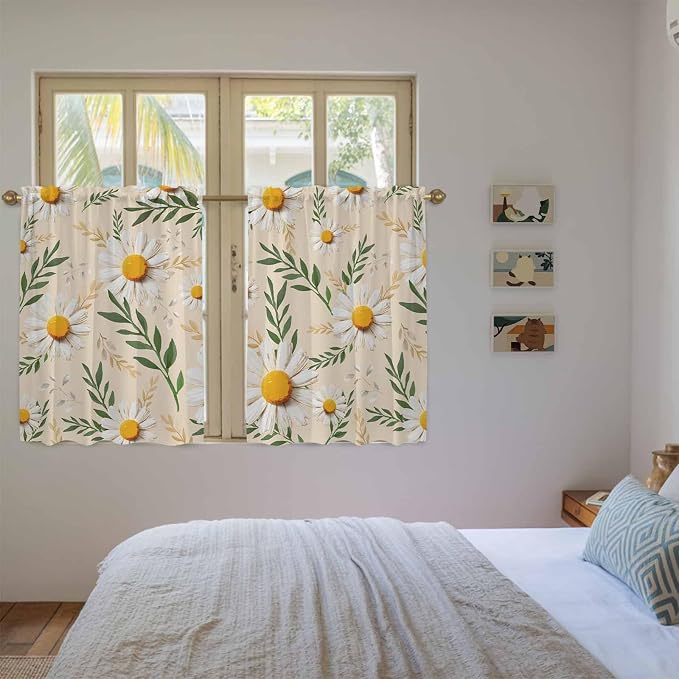 Spring Daisy Tier Curtains, Country Watercolor Flower Leaf Plant Light - Image 4