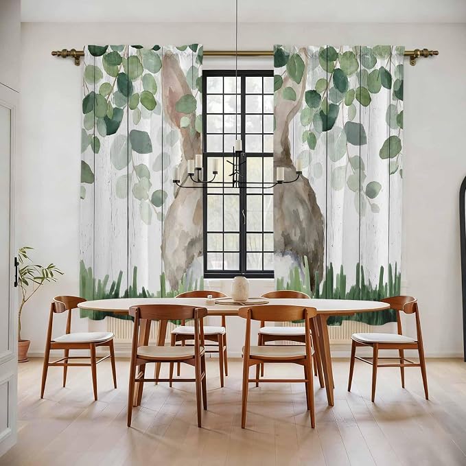 Easter Kitchen Curtains, Country Rabbit Botanical Leaves Wooden Grain Light - Image 2