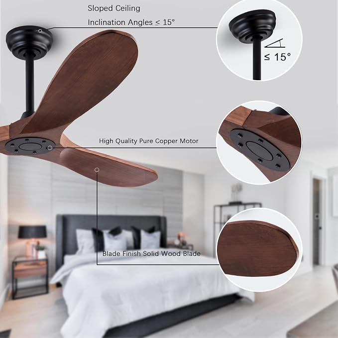 QUTWOB 60" Wood Ceiling Fan, Remote Control, 3 Wooden Blades, Indoor/Outdoor - Image 5