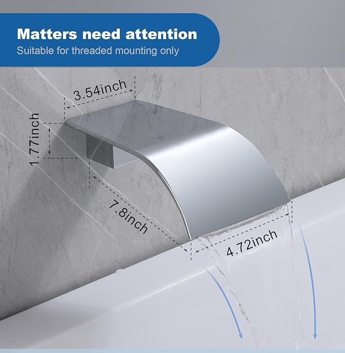 Chrome Waterfall Tub Spout Wall Mount Bathtub Faucet - High Flow Laminar Waterfall Tub Filler Faucet, Cascading Flow Spout for Vessel Sink,Bath Tub Faucet, Bathtub Fill Spout
