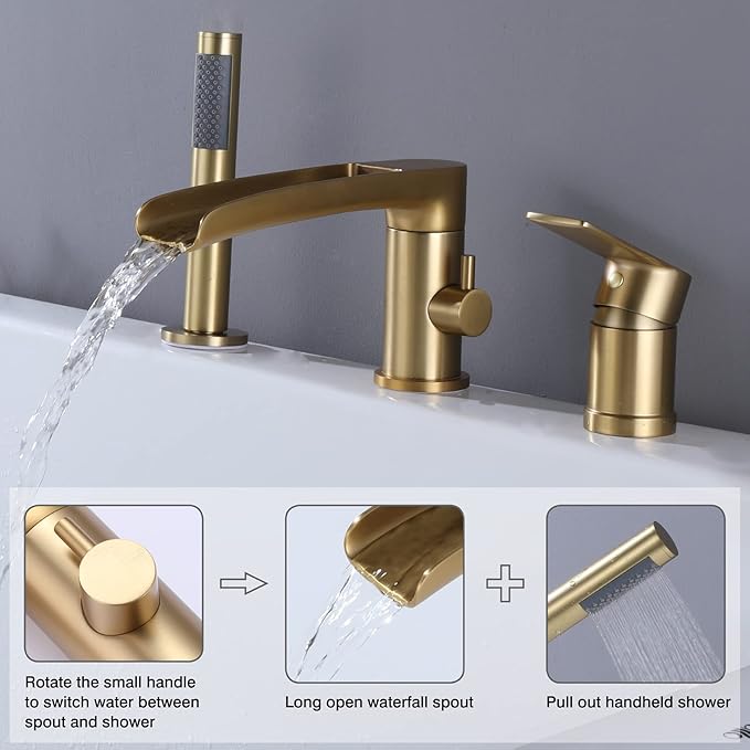 TapLong Waterfall Roman Tub Faucet with Hand Shower, Widespread Deck Mount Bathtub Faucet with Sprayer, Single-Handle 3-Holes Bathtub Shower Faucet Set in Brushed Gold, 03119BG