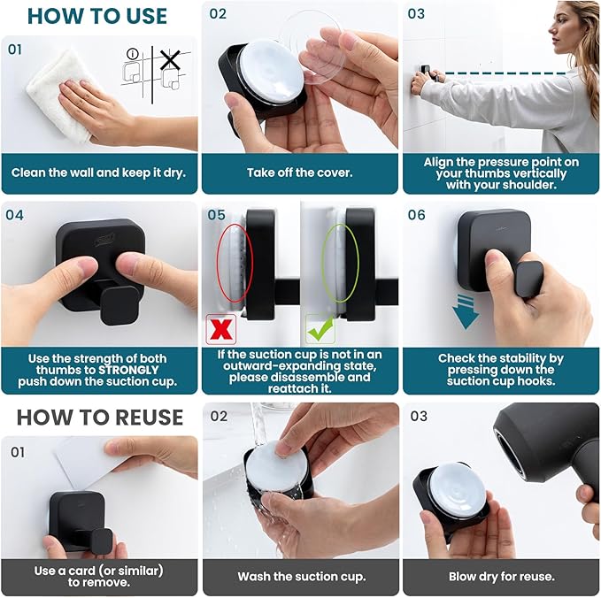 TAILI Thickened 304 Stainless Steel Bathroom Suction Hook for Towel, Loofah, Bathrobe, Patented Strong Suction Cup Holder, Damage-Free Hanging Glass Shower Wall Hook, Hold Up to 11 Lbs, 2 Pack, Black