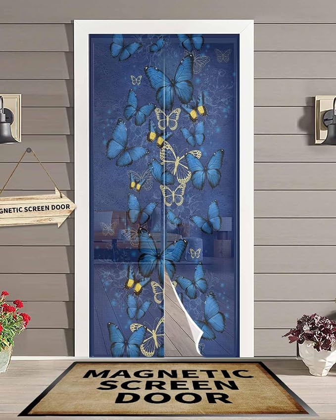 Screen Door 38"x83" Blue Butterfly Door Screen Magnetic Closure by Hokiten