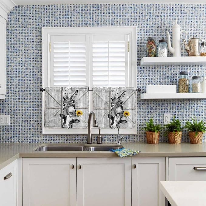Grey Farmhouse Half Window Curtains 24 Inches Long, Vintage Sunflowers Animals - Image 2