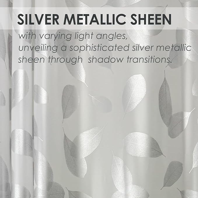 Plastic Shower Curtain Liner, Waterproof Printed PEVA Shower Curtain with Design, Silver Leaf Pattern, Rustproof Grommets, Standard Size 70x72 Bathtub Curtain for Bathroom (Pack of 1)