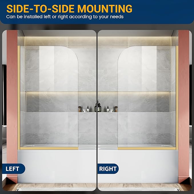 Bathtub Shower Glass Panel, 34" W X 58" H Tub Shower Door Fixed Glass Doors in Brushed Gold with 1/4"(6mm) Clear Tempered Door, Simple Shower Door Panel Easy to Install for Bathroom