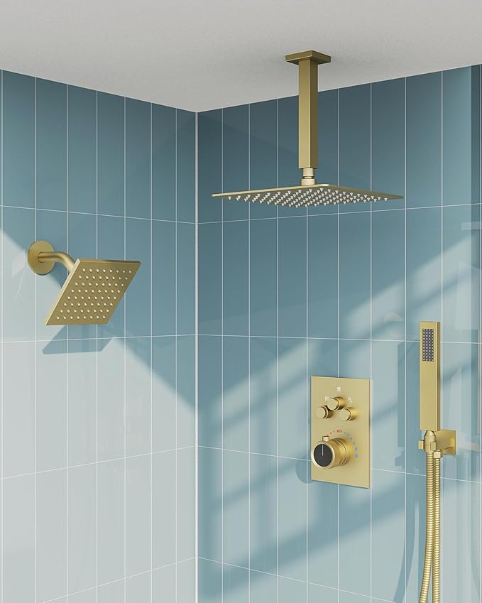 Thermostatic Shower System, Dual Rainfall Shower Heads for Ceilling & Wall Mounted with Handheld Sprayer, Brushed Gold