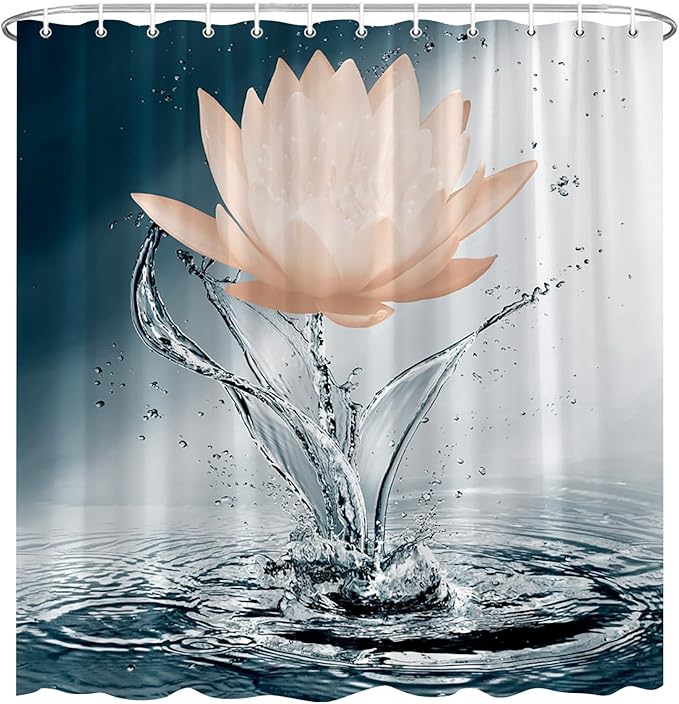 Lotus Shower Curtain Black White Blue Orange Flower Elegant Blooming Floral with Dew Spring Flower Reflection on Water Modern Romantic Polyester Fabric Bathroom Decor 70×96 Inch with Hook