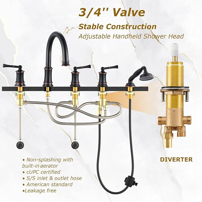 Roman Tub Faucet with Hand Shower, Antique Tub Shower Faucet Set with Valve for 5 Hole, Deck Mount Shower Tub Faucet Set，3 Handle Bath Tub Faucet High Flow, Oil Rubbed Bronze(B2309-ORB)