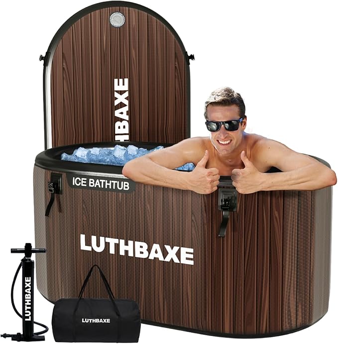Cold Plunge | Upgraded 218 Gallon Inflatable Ice Freestanding Bathtub with 5 Layers Durable Design | Portable Cold Water Bath for Athletes' Recovery | Ice Bath for Outdoor and Camping | Wood Grain