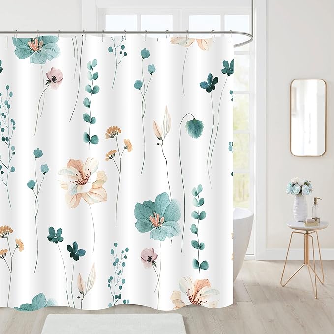 Gibelle Watercolor Floral Shower Curtain, Teal Beige Flower Shower Curtain for Bathroom, Modern Minimalist White Waterproof Fabric Shower Curtain Set 72x72 Inch